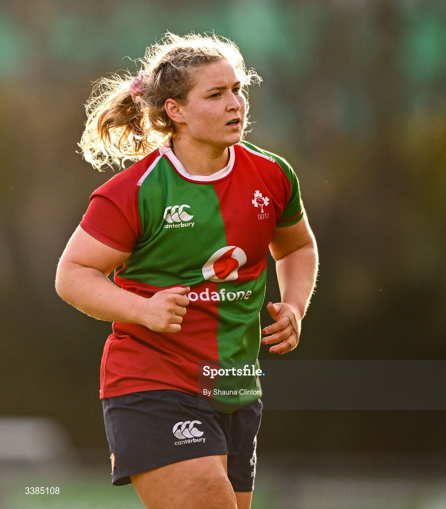 7 March 2026; Sadhbh McGrath of Clovers during the Celtic Challenge Round 10 match between Wolfhounds and Clovers at Belfield Bowl in Dublin. Photo by Shauna Clinton/Sportsfile