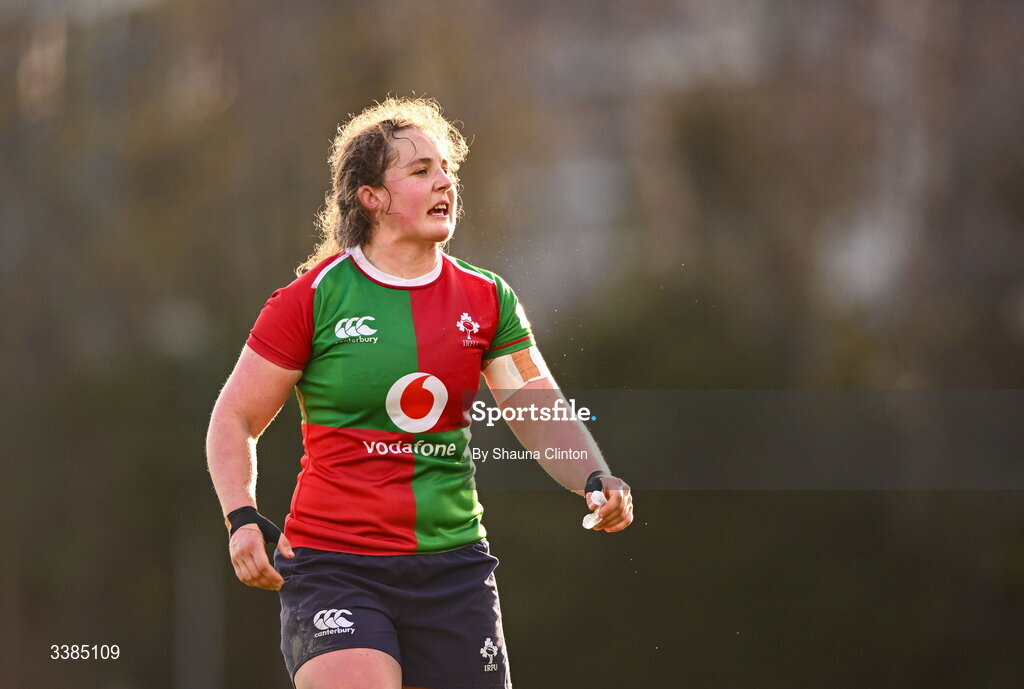 7 March 2026; Enya Breen of Clovers during the Celtic Challenge Round 10 match between Wolfhounds and Clovers at Belfield Bowl in Dublin. Photo by Shauna Clinton/Sportsfile