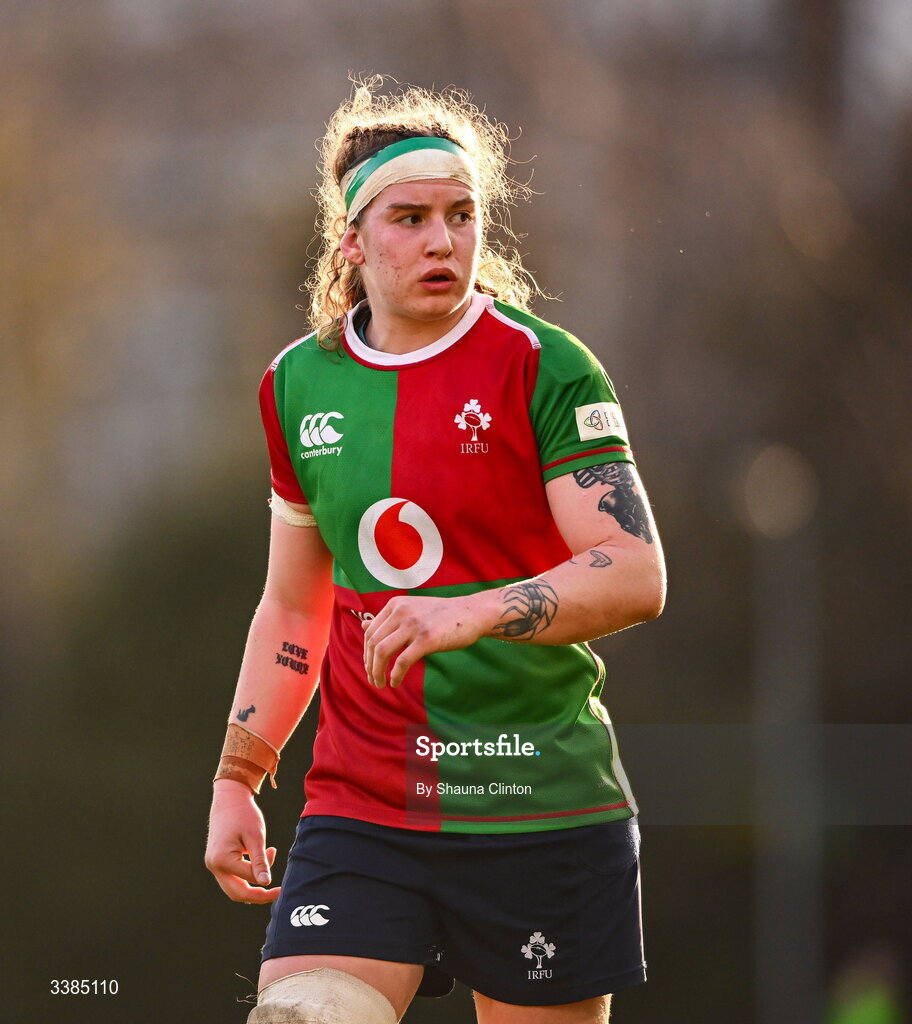 7 March 2026; Ruth Campbell of Clovers during the Celtic Challenge Round 10 match between Wolfhounds and Clovers at Belfield Bowl in Dublin. Photo by Shauna Clinton/Sportsfile