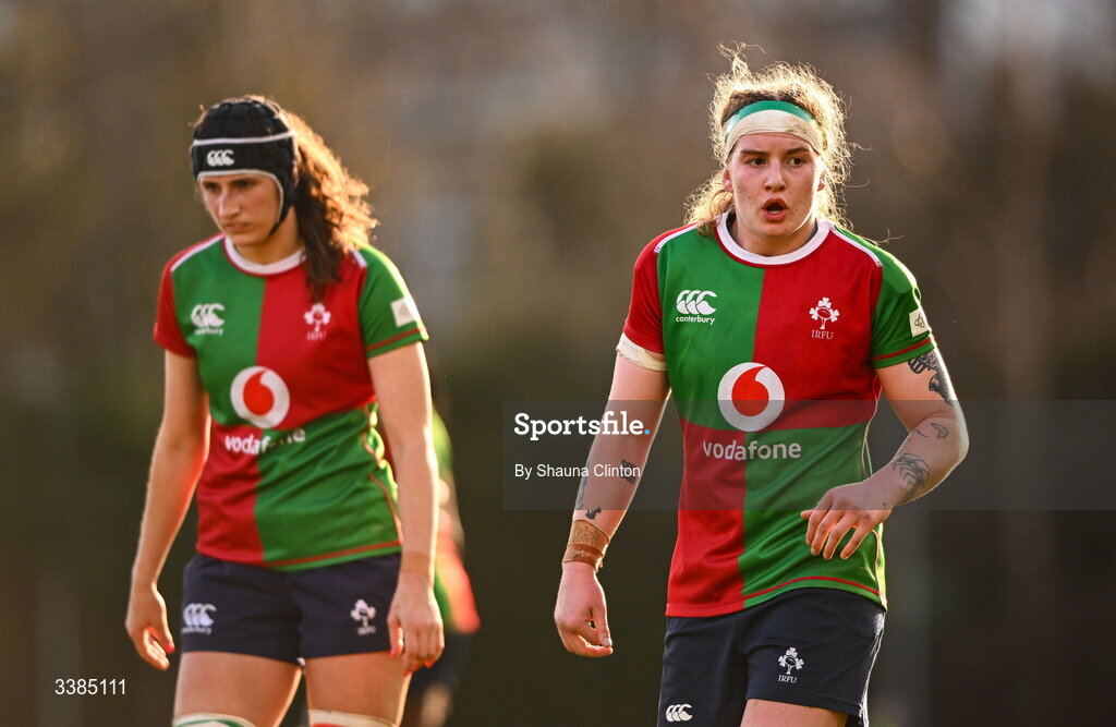 7 March 2026; Ruth Campbell of Clovers, right, and team-mates during the Celtic Challenge Round 10 match between Wolfhounds and Clovers at Belfield Bowl in Dublin. Photo by Shauna Clinton/Sportsfile