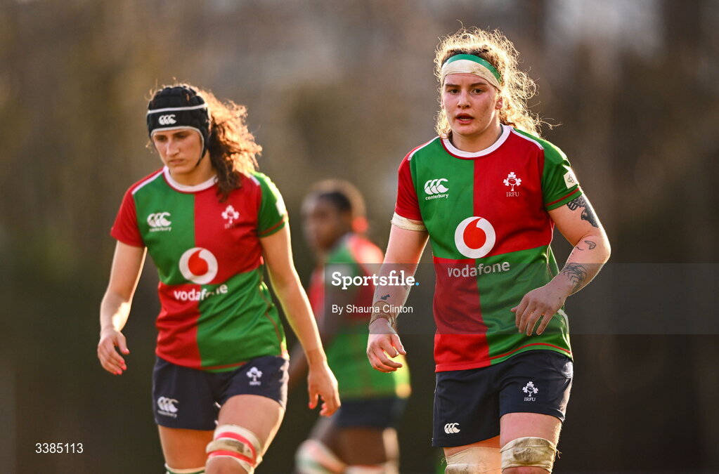 7 March 2026; Ruth Campbell of Clovers, right, and team-mates during the Celtic Challenge Round 10 match between Wolfhounds and Clovers at Belfield Bowl in Dublin. Photo by Shauna Clinton/Sportsfile