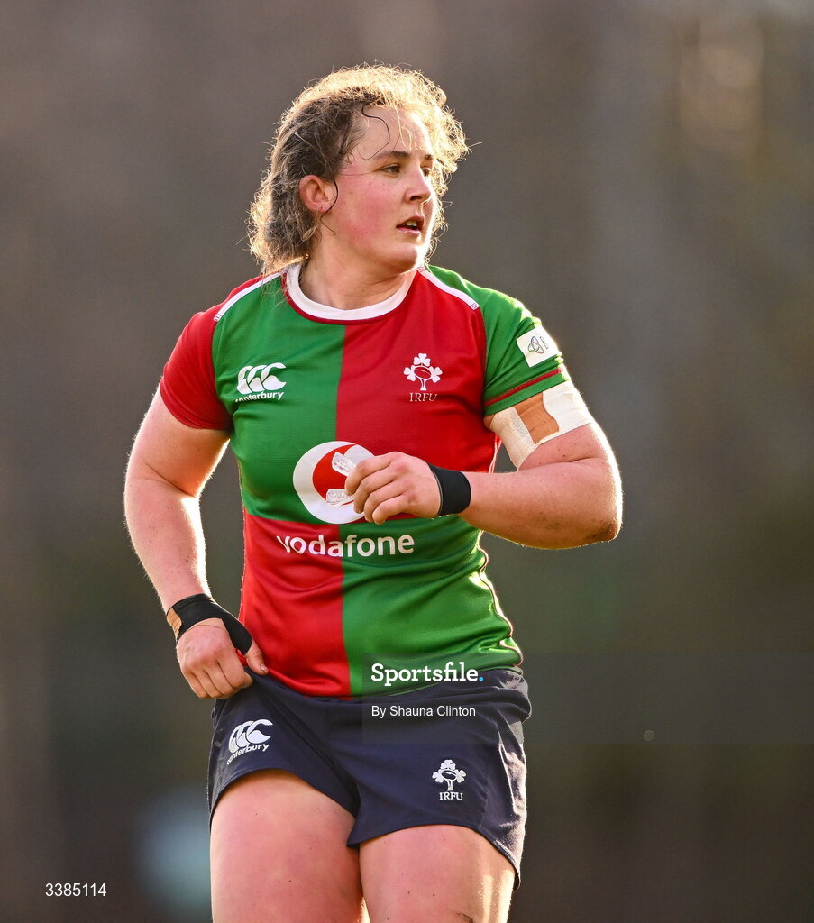7 March 2026; Enya Breen of Clovers during the Celtic Challenge Round 10 match between Wolfhounds and Clovers at Belfield Bowl in Dublin. Photo by Shauna Clinton/Sportsfile