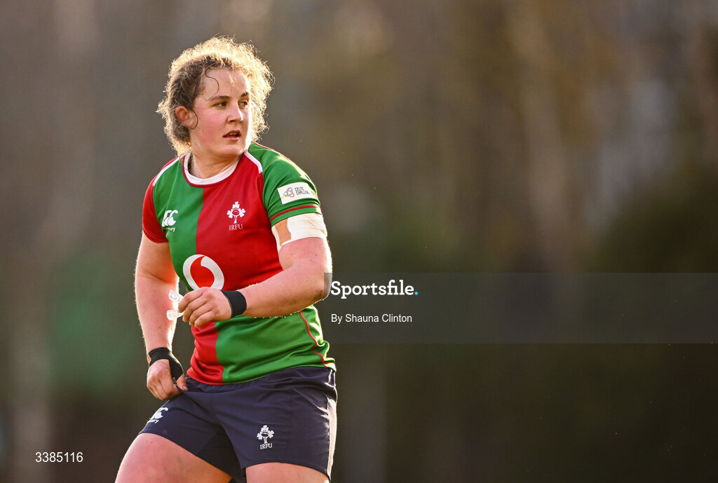 7 March 2026; Enya Breen of Clovers during the Celtic Challenge Round 10 match between Wolfhounds and Clovers at Belfield Bowl in Dublin. Photo by Shauna Clinton/Sportsfile