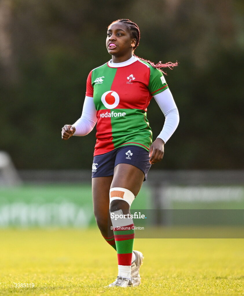 7 March 2026; Chisom Ugwueru of Clovers during the Celtic Challenge Round 10 match between Wolfhounds and Clovers at Belfield Bowl in Dublin. Photo by Shauna Clinton/Sportsfile