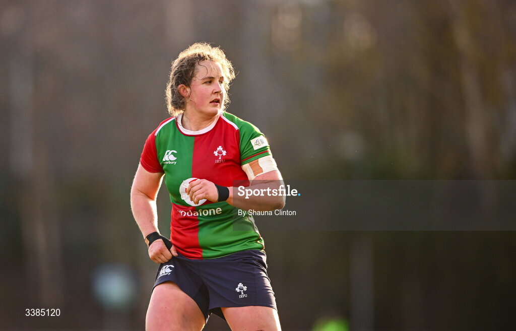 7 March 2026; Enya Breen of Clovers during the Celtic Challenge Round 10 match between Wolfhounds and Clovers at Belfield Bowl in Dublin. Photo by Shauna Clinton/Sportsfile