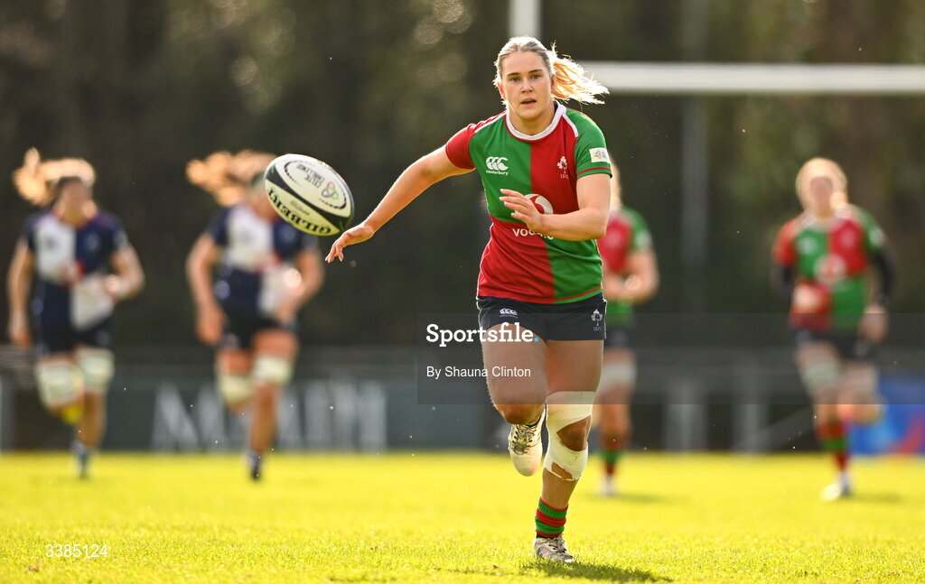 7 March 2026; Aoife Corey of Clovers during the Celtic Challenge Round 10 match between Wolfhounds and Clovers at Belfield Bowl in Dublin. Photo by Shauna Clinton/Sportsfile