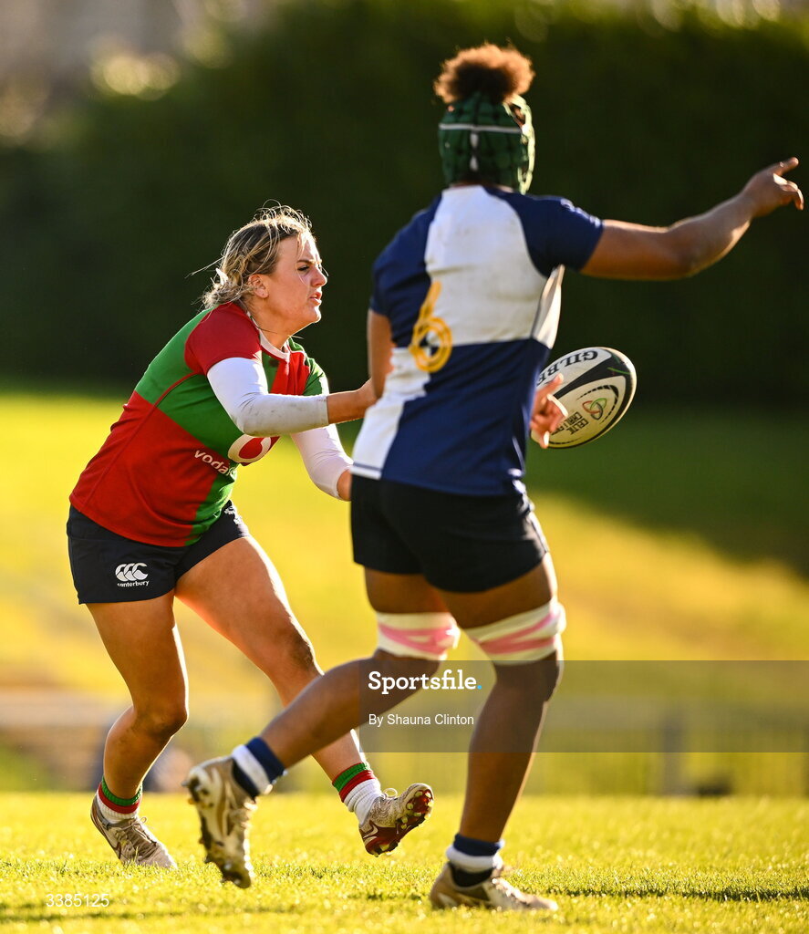 7 March 2026; Kate Flannery of Clovers during the Celtic Challenge Round 10 match between Wolfhounds and Clovers at Belfield Bowl in Dublin. Photo by Shauna Clinton/Sportsfile