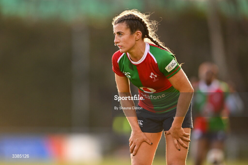 7 March 2026; Emily Lane of Clovers during the Celtic Challenge Round 10 match between Wolfhounds and Clovers at Belfield Bowl in Dublin. Photo by Shauna Clinton/Sportsfile