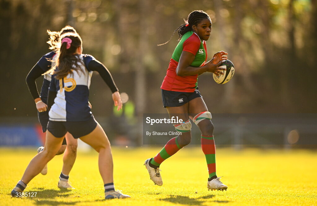 7 March 2026; Faith Oviawe of Clovers during the Celtic Challenge Round 10 match between Wolfhounds and Clovers at Belfield Bowl in Dublin. Photo by Shauna Clinton/Sportsfile