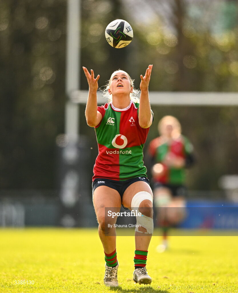 7 March 2026; Aoife Corey of Clovers during the Celtic Challenge Round 10 match between Wolfhounds and Clovers at Belfield Bowl in Dublin. Photo by Shauna Clinton/Sportsfile