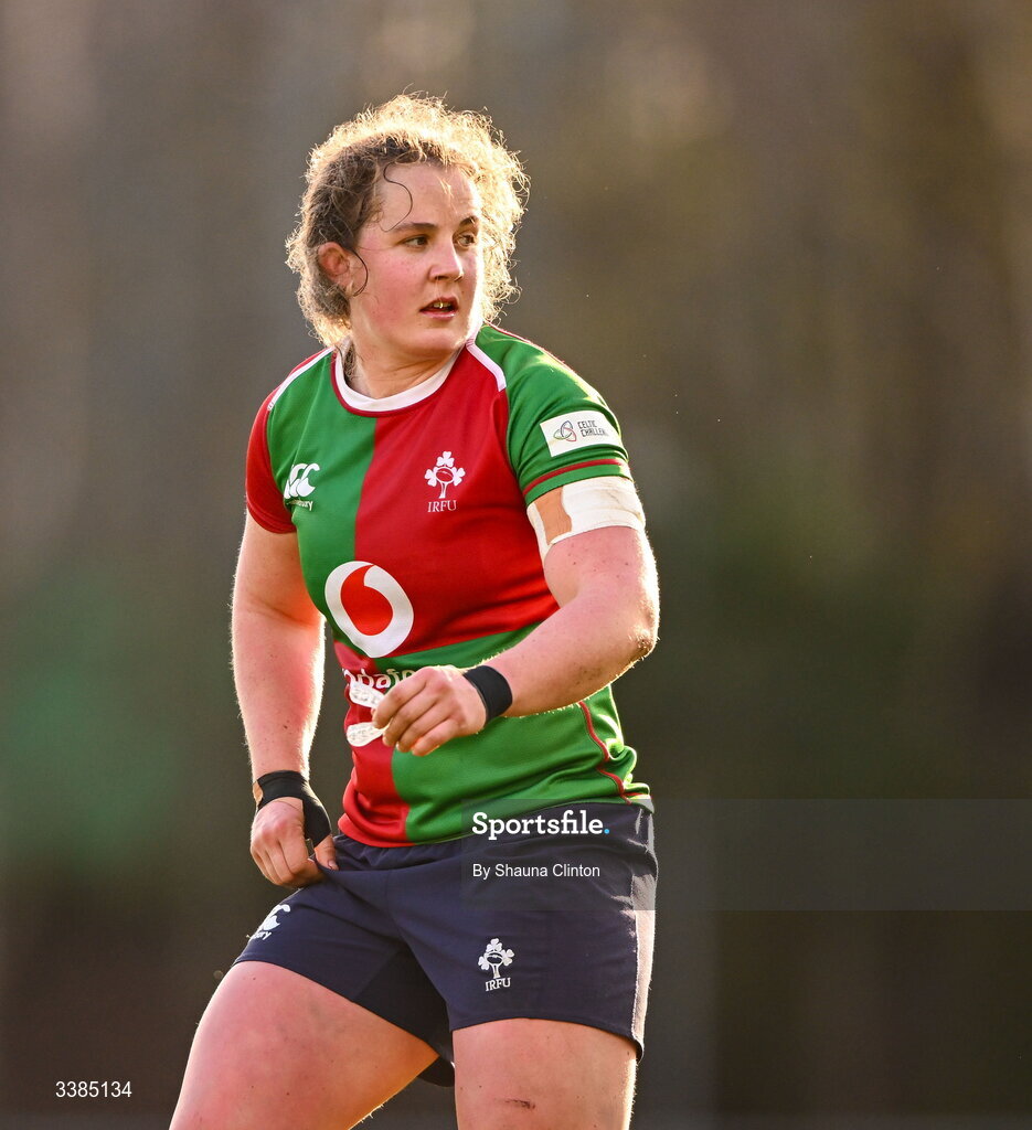 7 March 2026; Enya Breen of Clovers during the Celtic Challenge Round 10 match between Wolfhounds and Clovers at Belfield Bowl in Dublin. Photo by Shauna Clinton/Sportsfile