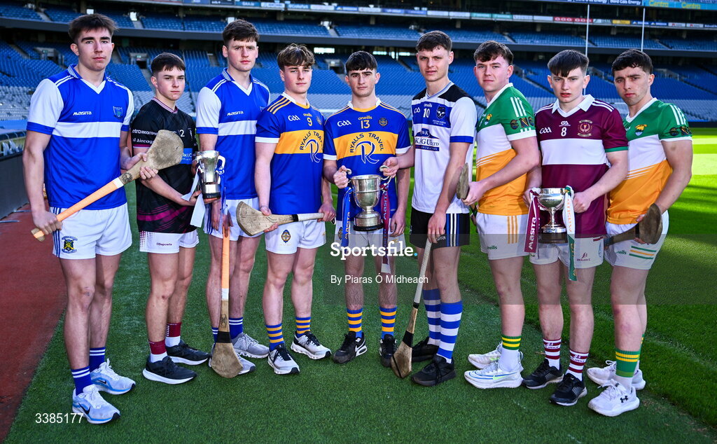 10 March 2026; Hurlers, from left, Bradley Penkert, joint captains of Mount Sion CBS, Waterford, Adam Franks, captain of Scoil Aireagail, Ballyhale, Kilkenny, and Tommy Kennedy, joint captains of Mount Sion CBS, Waterford, ahead of the Masita All Ireland PPS Niall McInerney Hurling Final, Cillian Hurley, left, and Eoghan Costello, joint captains of CBS, The Green, Tralee, Kerry, and Rían Collins, captain of St Patrick's College, Maghera, Derry, with the cup ahead of the upcoming Masita All Ireland PPS Paddy Buggy Hurling Final, and Luke Bracken, joint captain of Coláiste Naomh Cormac, Offaly, Michéal Collins captain of St Joseph's College Borrisoleigh, Tipperary, and James Hennessy joint captain of Coláiste Naomh Cormac, Offaly, ahead of the upcoming Masita All Ireland PPS Michael Cusack Hurling Final during the Masita All-Ireland Post Primary Schools Finals 2026 launch at Croke Park in Dublin. Photo by Piaras Ó Mídheach/Sportsfile