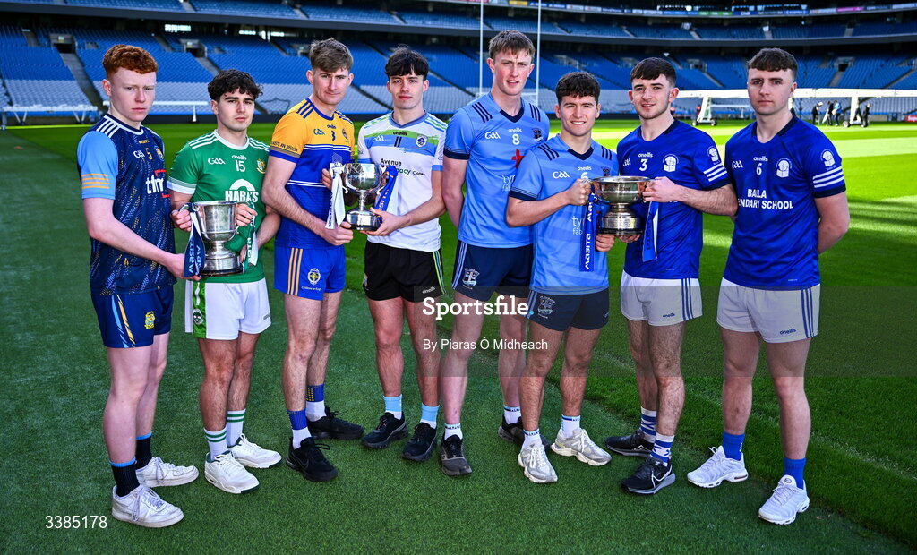 10 March 2026; Liam Greene, captain of Cnoc Mhuire Granard in Longford, left, and Conor Moriarty, captain of St Nathy's Ballaghaderreen, Roscommon, with the cup ahead of the Masita All Ireland PPS Paddy Drummond Football Final, Eoin Fitzpatrick, captain of Rice College Ennis, left, and Noah McGinty, captain of Largy College, Monaghan, with the cup ahead of the Masita All Ireland Br Edmund Ignatius Rice Football Final and joint captains of St Ciarán's College Ballygawley in Tyrone Micheal Mullin, left, and Darren McAnespie with joint captains of Balla Secondary School in Mayo Seán Brohan and Ryan O'Donnell, right, ahead of the Masita All Ireland PPS Dr Eamonn O’Sullivan Football Final during the Masita All-Ireland Post Primary Schools Finals 2026 launch at Croke Park in Dublin. Photo by Piaras Ó Mídheach/Sportsfile