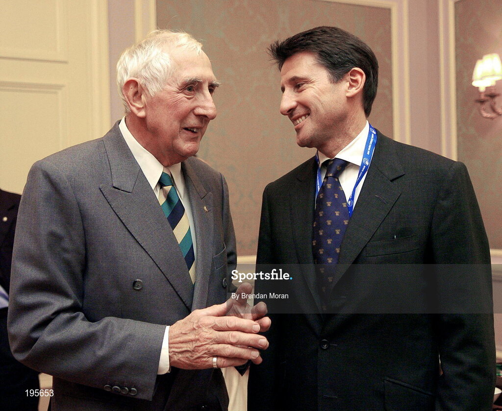 2 December 2005; Gold Medallists in the 1500m at the Olympic Games, Ronnie Delany, 1956 winner, and Lord Sebastian Coe, 1980 winner, in conversation at the European Olympic Committee General Assembly. Four Season's Hotel, Dublin. Picture credit: Brendan Moran / SPORTSFILE