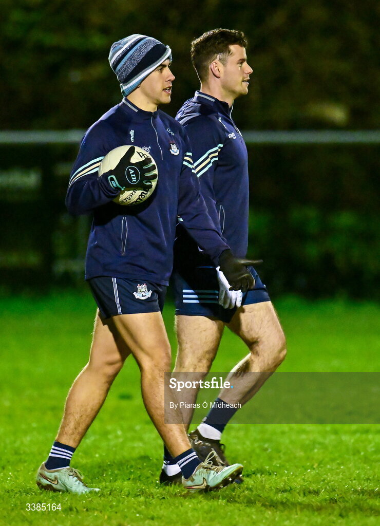 11 March 2026; Lorcan O'Dell, left, and Ross McGarry during a Dublin Football training session at Innisfails GAA Club in Dublin. Photo by Piaras Ó Mídheach/Sportsfile