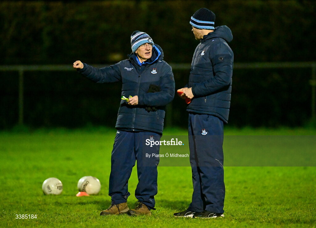 11 March 2026; Selectors Niall Moyna, left, and Dean Rock during a Dublin Football training session at Innisfails GAA Club in Dublin. Photo by Piaras Ó Mídheach/Sportsfile