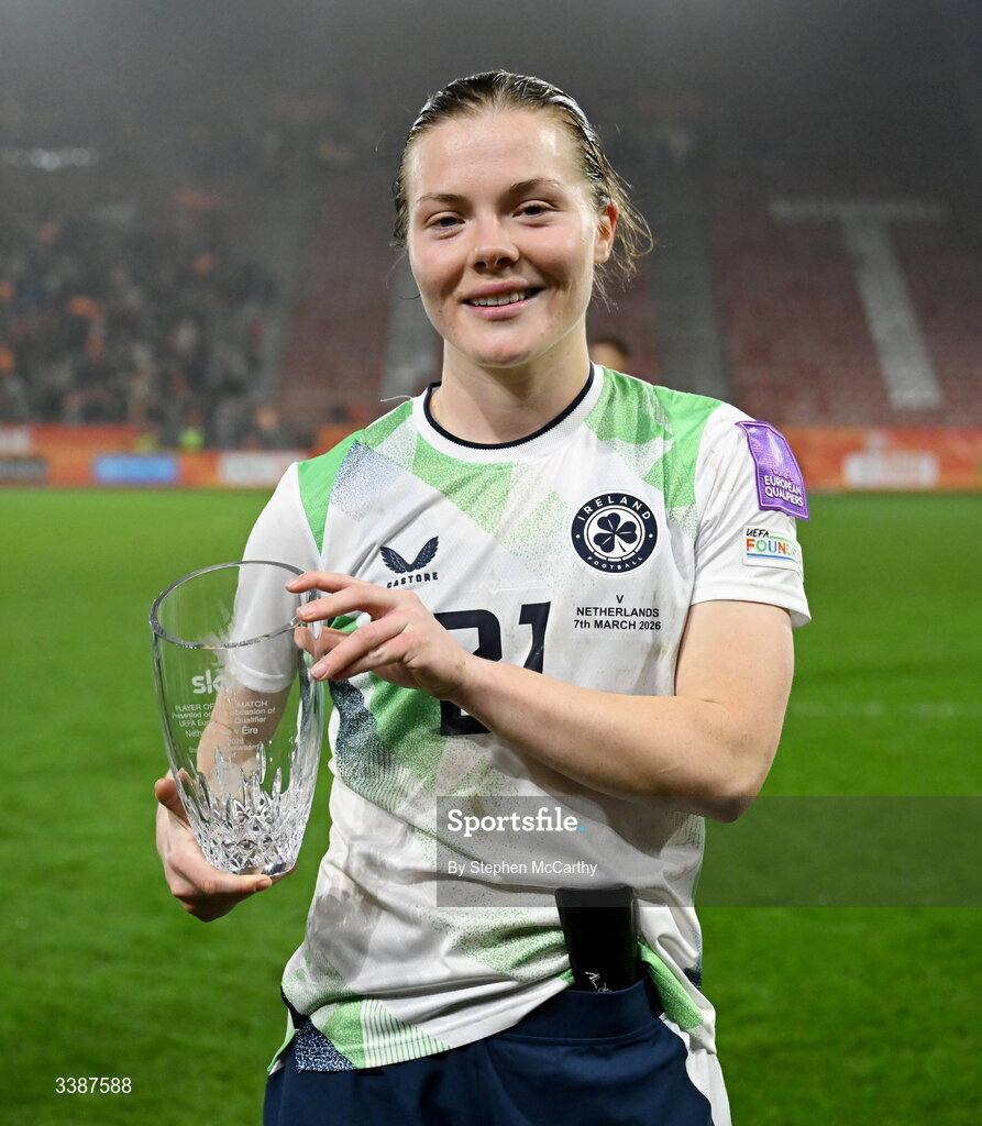 7 March 2026; Emily Murphy of Republic of Ireland with the Sky Ireland player of the match award following the 2027 FIFA Women’s World Cup Qualifier match between the Netherlands and Republic of Ireland at Stadion Galgenwaard in Utrecht, Netherlands. Photo by Stephen McCarthy/Sportsfile