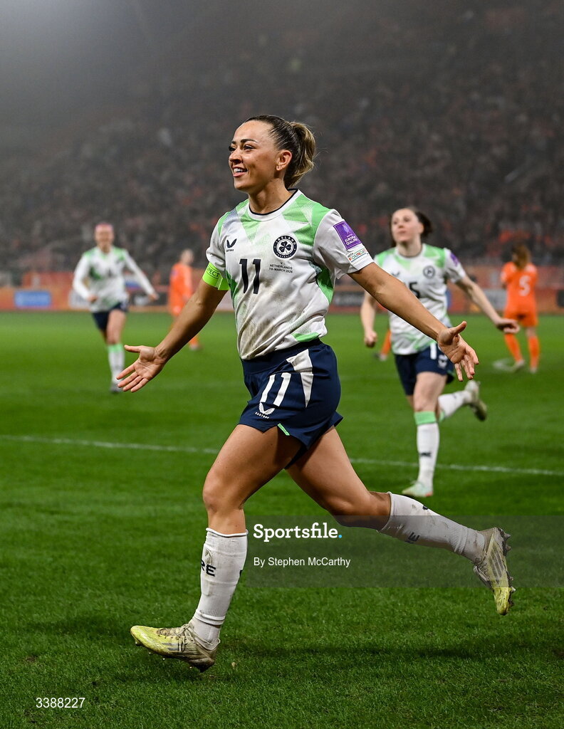 7 March 2026; Katie McCabe of Republic of Ireland celebrates after scoring her side's first goal, a penalty, during the 2027 FIFA Women’s World Cup Qualifier match between the Netherlands and Republic of Ireland at Stadion Galgenwaard in Utrecht, Netherlands. Photo by Stephen McCarthy/Sportsfile