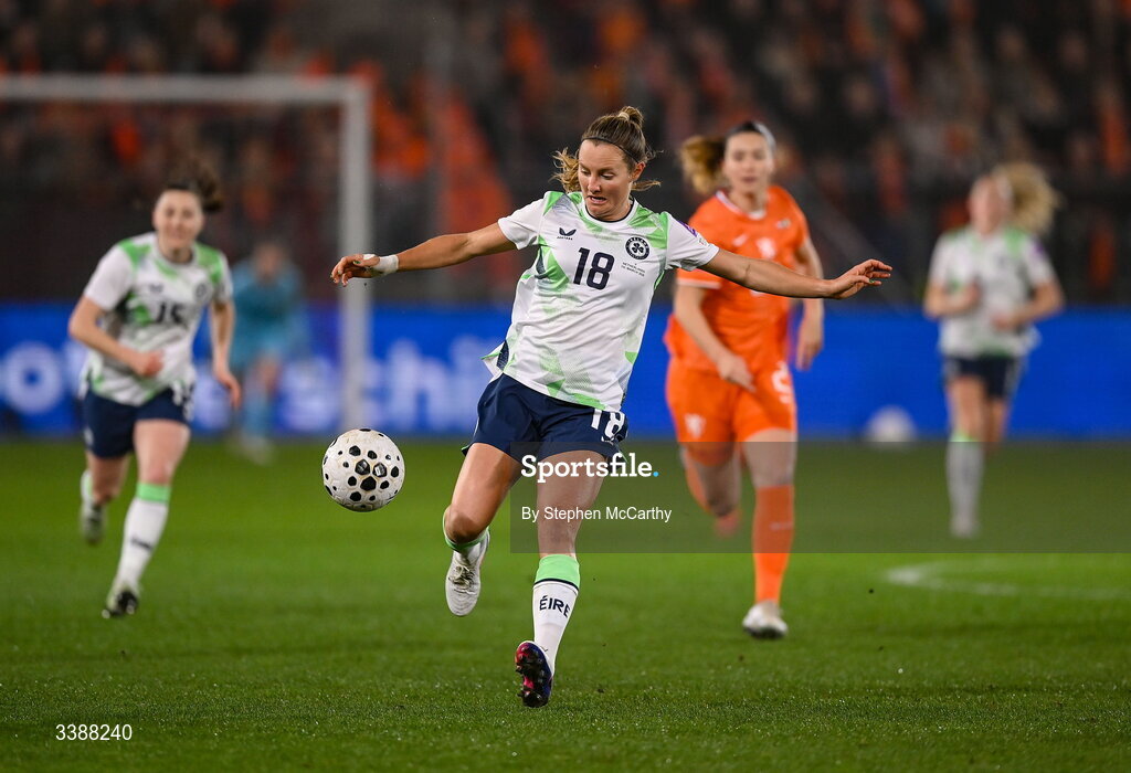 7 March 2026; Kyra Carusa of Republic of Ireland during the 2027 FIFA Women’s World Cup Qualifier match between the Netherlands and Republic of Ireland at Stadion Galgenwaard in Utrecht, Netherlands. Photo by Stephen McCarthy/Sportsfile