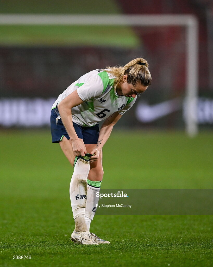 7 March 2026; Megan Connolly of Republic of Ireland pulls up her socks during the 2027 FIFA Women’s World Cup Qualifier match between the Netherlands and Republic of Ireland at Stadion Galgenwaard in Utrecht, Netherlands. Photo by Stephen McCarthy/Sportsfile