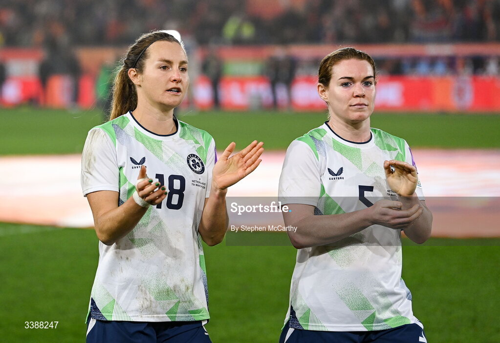 7 March 2026; Kyra Carusa, left, and Aoife Mannion of Republic of Ireland after the 2027 FIFA Women’s World Cup Qualifier match between the Netherlands and Republic of Ireland at Stadion Galgenwaard in Utrecht, Netherlands. Photo by Stephen McCarthy/Sportsfile
