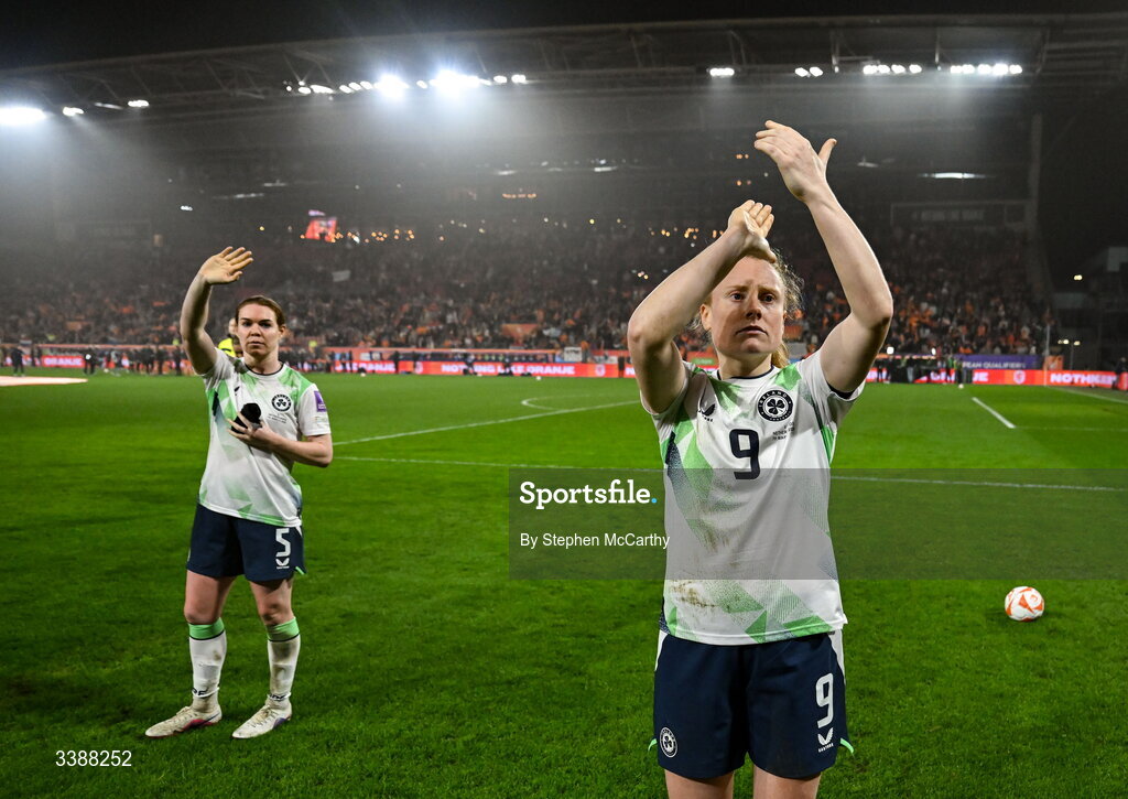 7 March 2026; Amber Barrett and Aoife Mannion, left, of Republic of Ireland acknowledges their supporters after the 2027 FIFA Women’s World Cup Qualifier match between the Netherlands and Republic of Ireland at Stadion Galgenwaard in Utrecht, Netherlands. Photo by Stephen McCarthy/Sportsfile