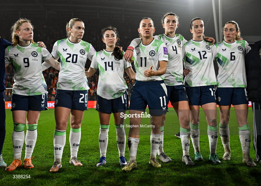 7 March 2026; Republic of Ireland players, from left, Amber Barrett, Saoirse Noonan, Marissa Sheva, Katie McCabe, Caitlin Hayes, Anna Patten and Megan Connolly after the 2027 FIFA Women’s World Cup Qualifier match between the Netherlands and Republic of Ireland at Stadion Galgenwaard in Utrecht, Netherlands. Photo by Stephen McCarthy/Sportsfile