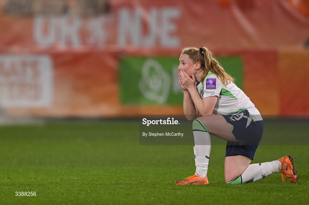 7 March 2026; Amber Barrett of Republic of Ireland reacts following the 2027 FIFA Women’s World Cup Qualifier match between the Netherlands and Republic of Ireland at Stadion Galgenwaard in Utrecht, Netherlands. Photo by Stephen McCarthy/Sportsfile