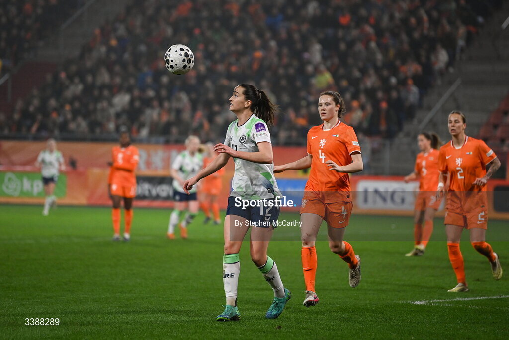 7 March 2026; Anna Patten of Republic of Ireland in action against Veerle Buurman of Netherlands during the 2027 FIFA Women’s World Cup Qualifier match between the Netherlands and Republic of Ireland at Stadion Galgenwaard in Utrecht, Netherlands. Photo by Stephen McCarthy/Sportsfile