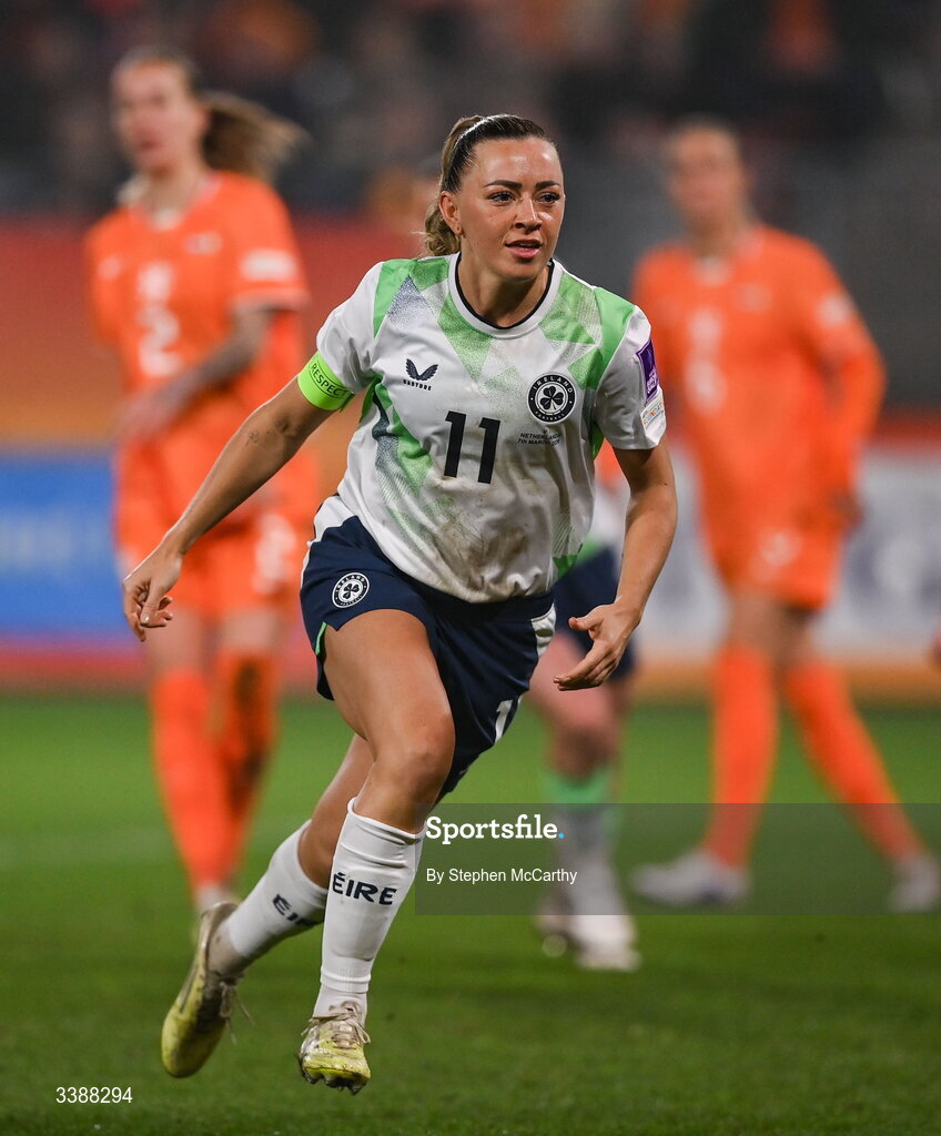7 March 2026; Katie McCabe of Republic of Ireland celebrates after scoring her side's first goal, a penalty, during the 2027 FIFA Women’s World Cup Qualifier match between the Netherlands and Republic of Ireland at Stadion Galgenwaard in Utrecht, Netherlands. Photo by Stephen McCarthy/Sportsfile