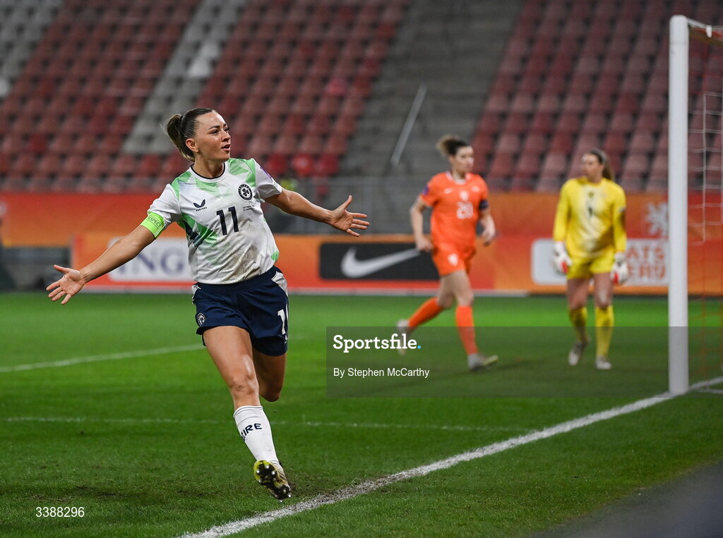 7 March 2026; Katie McCabe of Republic of Ireland celebrates after scoring her side's first goal, a penalty, during the 2027 FIFA Women’s World Cup Qualifier match between the Netherlands and Republic of Ireland at Stadion Galgenwaard in Utrecht, Netherlands. Photo by Stephen McCarthy/Sportsfile