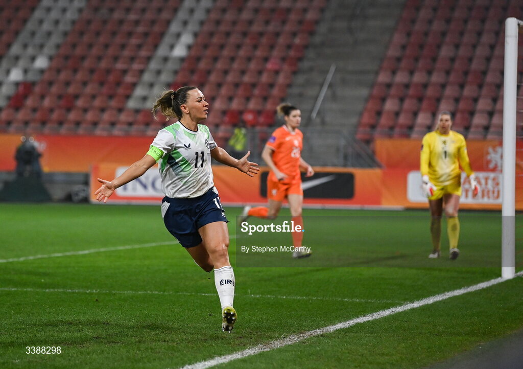 7 March 2026; Katie McCabe of Republic of Ireland celebrates after scoring her side's first goal, a penalty, during the 2027 FIFA Women’s World Cup Qualifier match between the Netherlands and Republic of Ireland at Stadion Galgenwaard in Utrecht, Netherlands. Photo by Stephen McCarthy/Sportsfile