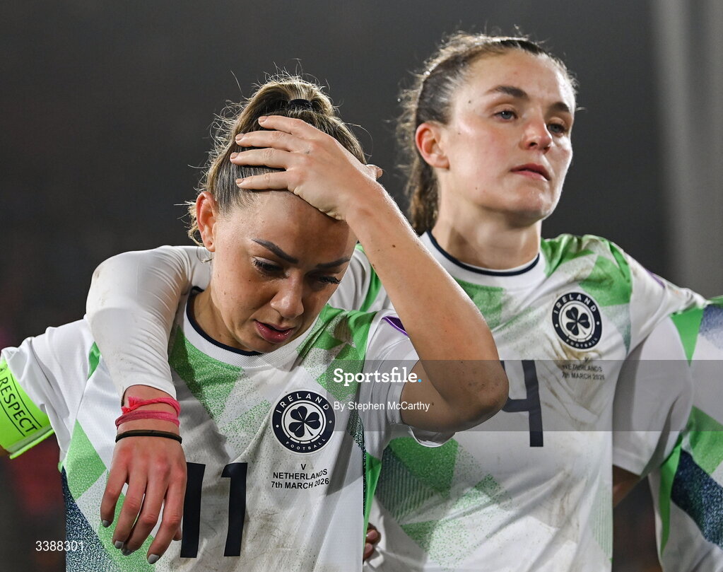 7 March 2026; Katie McCabe, left, and Caitlin Hayes of Republic of Ireland following their side's defeat in the 2027 FIFA Women’s World Cup Qualifier match between the Netherlands and Republic of Ireland at Stadion Galgenwaard in Utrecht, Netherlands. Photo by Stephen McCarthy/Sportsfile