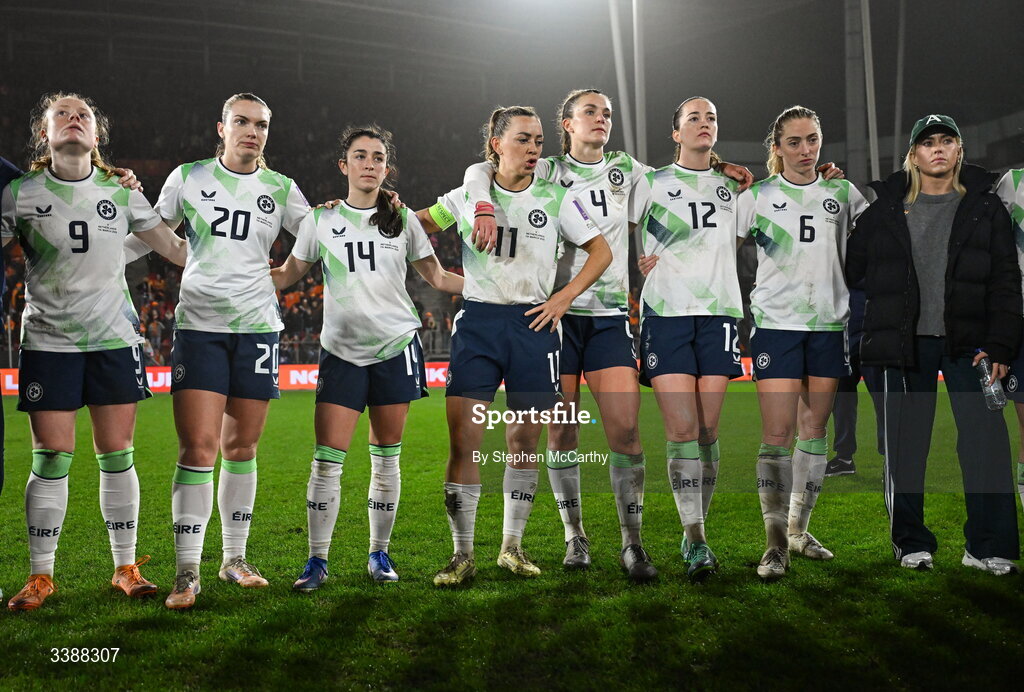 7 March 2026; Republic of Ireland players, from left, Amber Barrett, Saoirse Noonan, Marissa Sheva, Katie McCabe, Caitlin Hayes, Anna Patten, Megan Connolly and Denise O’Sullivan after the 2027 FIFA Women’s World Cup Qualifier match between the Netherlands and Republic of Ireland at Stadion Galgenwaard in Utrecht, Netherlands. Photo by Stephen McCarthy/Sportsfile
