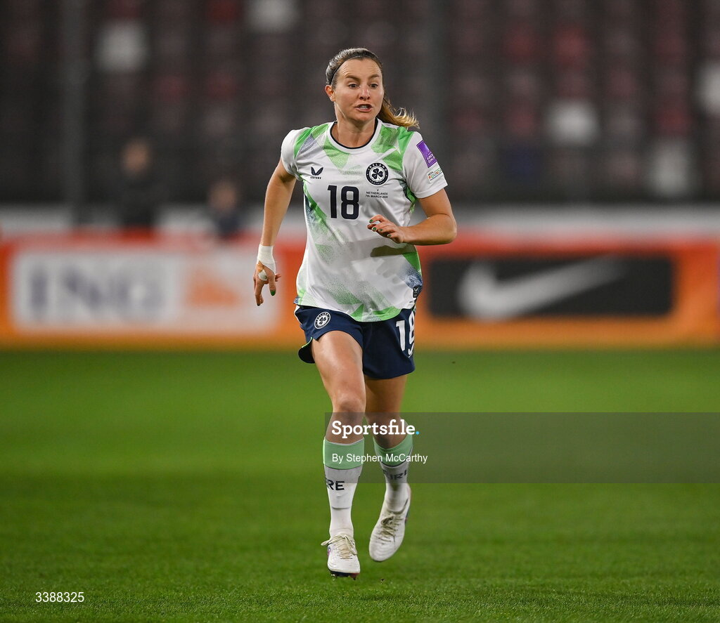7 March 2026; Kyra Carusa of Republic of Ireland during the 2027 FIFA Women’s World Cup Qualifier match between the Netherlands and Republic of Ireland at Stadion Galgenwaard in Utrecht, Netherlands. Photo by Stephen McCarthy/Sportsfile