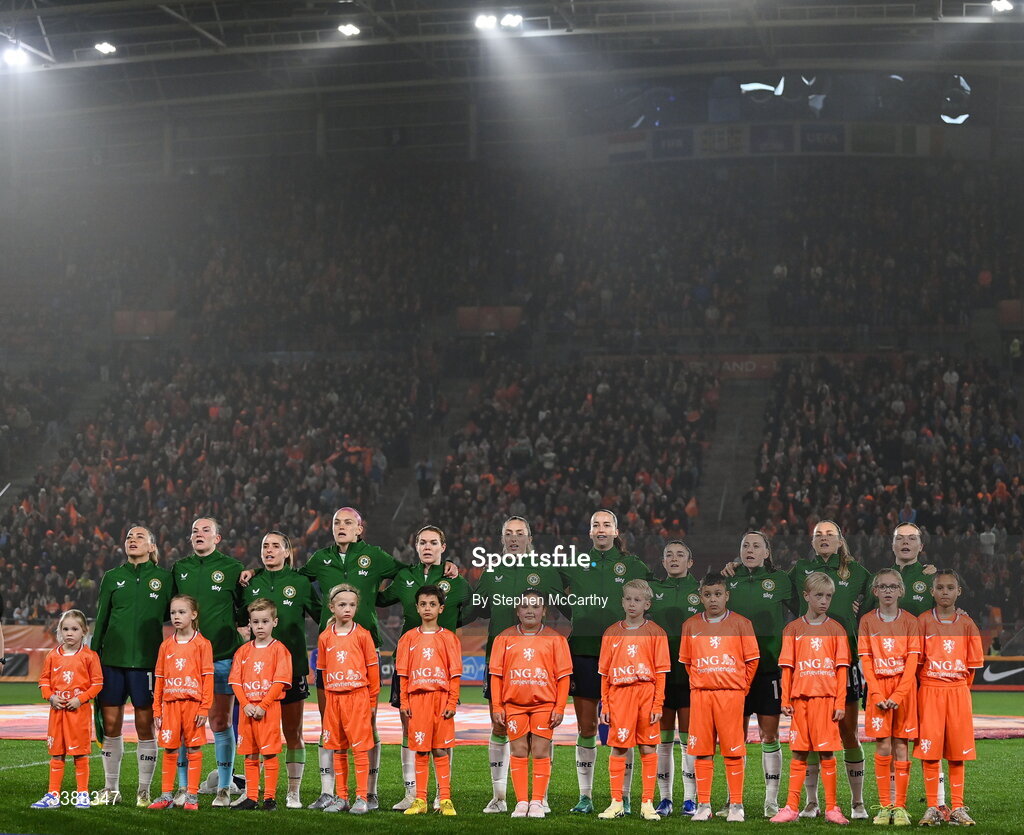 7 March 2026; Republic of Ireland players, from left, Katie McCabe, Courtney Brosnan, Chloe Mustaki, Caitlin Hayes, Aoife Mannion, Megan Connolly, Anna Patten, Marissa Sheva, Lucy Quinn, Kyra Carusa and Emily Murphy stand for the playing of the National Anthem before the 2027 FIFA Women’s World Cup Qualifier match between the Netherlands and Republic of Ireland at Stadion Galgenwaard in Utrecht, Netherlands. Photo by Stephen McCarthy/Sportsfile