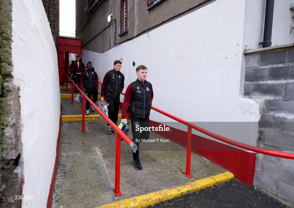 13 March 2026; Drogheda United players including Conor Kane arrive before the SSE Airtricity Men's Premier Division match between St Patrick's Athletic and Drogheda United at Richmond Park in Dublin. Photo by Michael P Ryan/Sportsfile