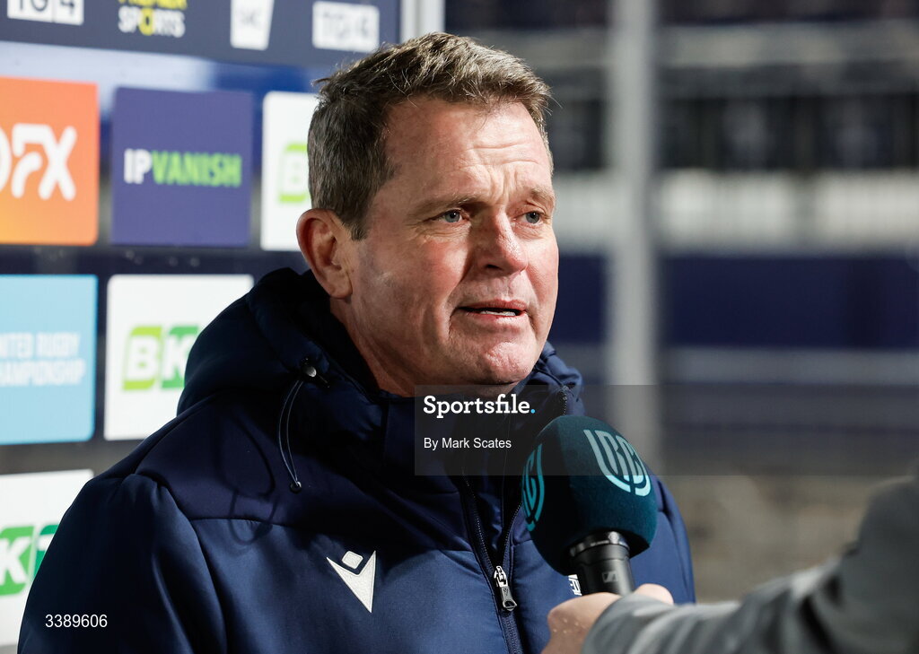 13 March 2026; Edinburgh head coach Sean Everitt is interviewed before the United Rugby Championship match between Edinburgh and Ulster at Hive Stadium in Edinburgh, Scotland. Photo by Mark Scates/Sportsfile