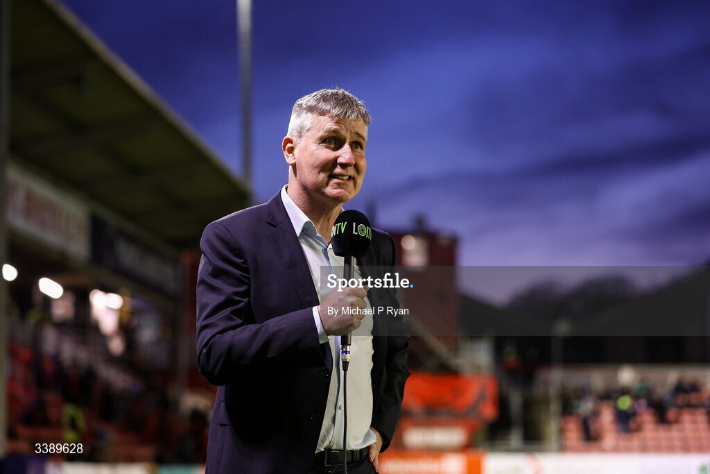 13 March 2026; St Patrick's Athletic manager Stephen Kenny is interviewed before the SSE Airtricity Men's Premier Division match between St Patrick's Athletic and Drogheda United at Richmond Park in Dublin. Photo by Michael P Ryan/Sportsfile