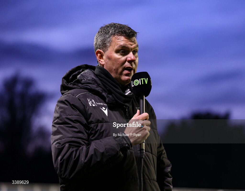 13 March 2026; Drogheda United manager Kevin Doherty is interviewed before the SSE Airtricity Men's Premier Division match between St Patrick's Athletic and Drogheda United at Richmond Park in Dublin. Photo by Michael P Ryan/Sportsfile