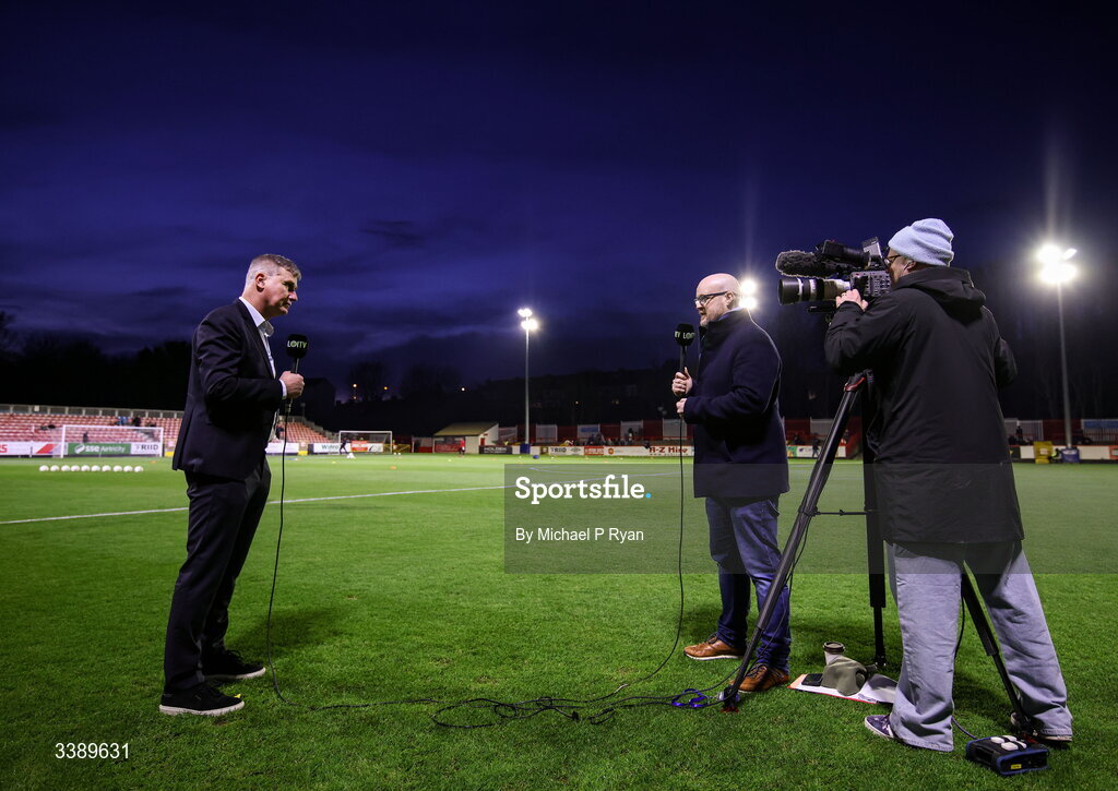 13 March 2026; St Patrick's Athletic manager Stephen Kenny is interviewed before the SSE Airtricity Men's Premier Division match between St Patrick's Athletic and Drogheda United at Richmond Park in Dublin. Photo by Michael P Ryan/Sportsfile