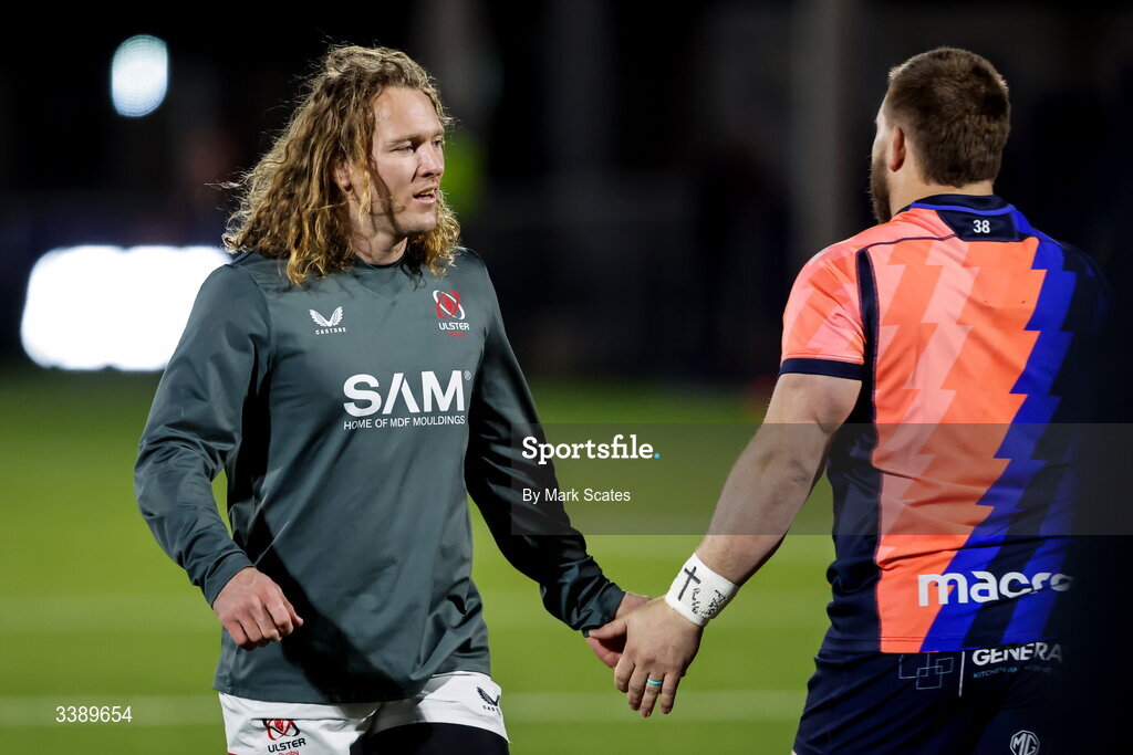 13 March 2026; Werner Kok of Ulster, left, before the United Rugby Championship match between Edinburgh and Ulster at Hive Stadium in Edinburgh, Scotland. Photo by Mark Scates/Sportsfile
