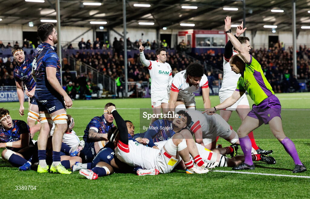 13 March 2026; Ross Thompson of Edinburgh scores his side's first try during the United Rugby Championship match between Edinburgh and Ulster at Hive Stadium in Edinburgh, Scotland. Photo by Mark Scates/Sportsfile