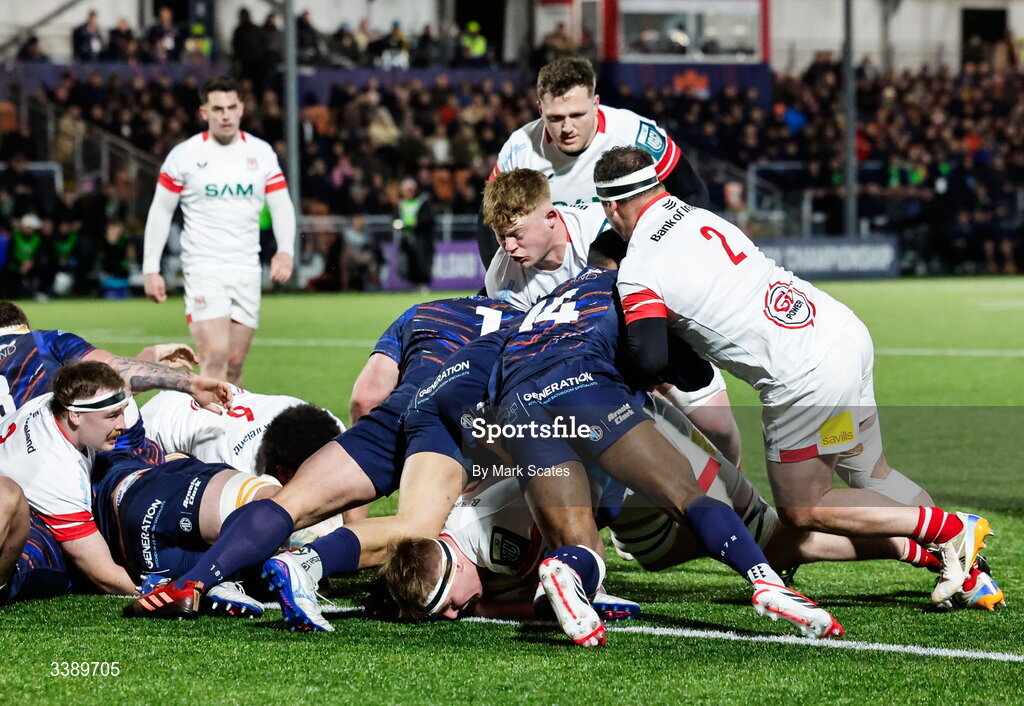 13 March 2026; Charlie Irvine of Ulster scores his side's first try during the United Rugby Championship match between Edinburgh and Ulster at Hive Stadium in Edinburgh, Scotland. Photo by Mark Scates/Sportsfile