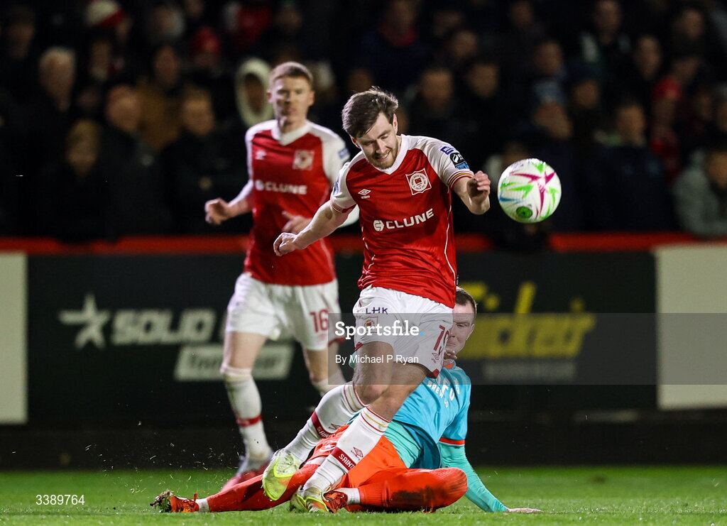 13 March 2026; Barry Baggley of St Patrick's Athletic is tackled by Mark Doyle of Drogheda United  during the SSE Airtricity Men's Premier Division match between St Patrick's Athletic and Drogheda United at Richmond Park in Dublin. Photo by Michael P Ryan/Sportsfile