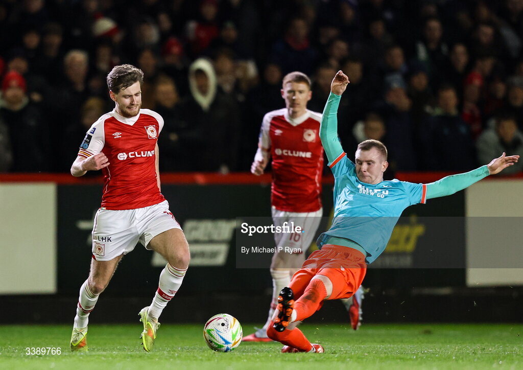 13 March 2026; Barry Baggley of St Patrick's Athletic is tackled by Mark Doyle of Drogheda United  during the SSE Airtricity Men's Premier Division match between St Patrick's Athletic and Drogheda United at Richmond Park in Dublin. Photo by Michael P Ryan/Sportsfile