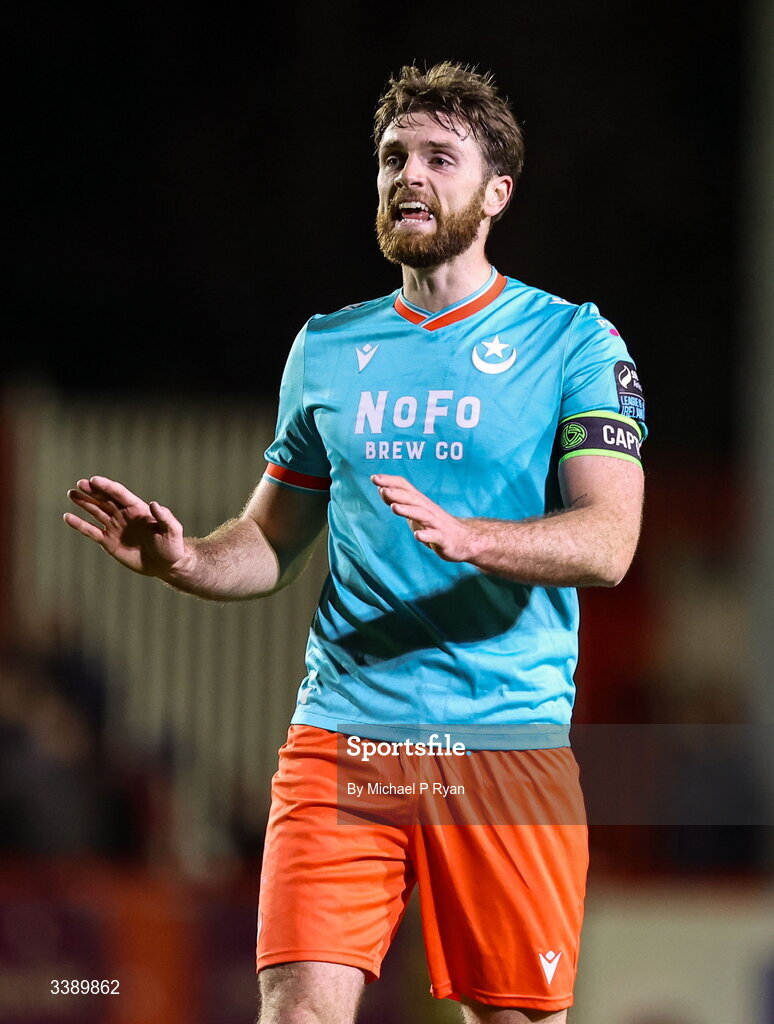 13 March 2026; Conor Keeley of Drogheda United during the SSE Airtricity Men's Premier Division match between St Patrick's Athletic and Drogheda United at Richmond Park in Dublin. Photo by Michael P Ryan/Sportsfile