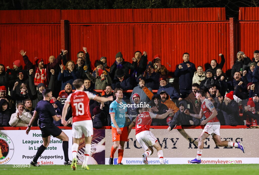 13 March 2026; Ryan Edmondson of St Patrick's Athletic right, celebrates after scoring his side's first goal during the SSE Airtricity Men's Premier Division match between St Patrick's Athletic and Drogheda United at Richmond Park in Dublin. Photo by Michael P Ryan/Sportsfile