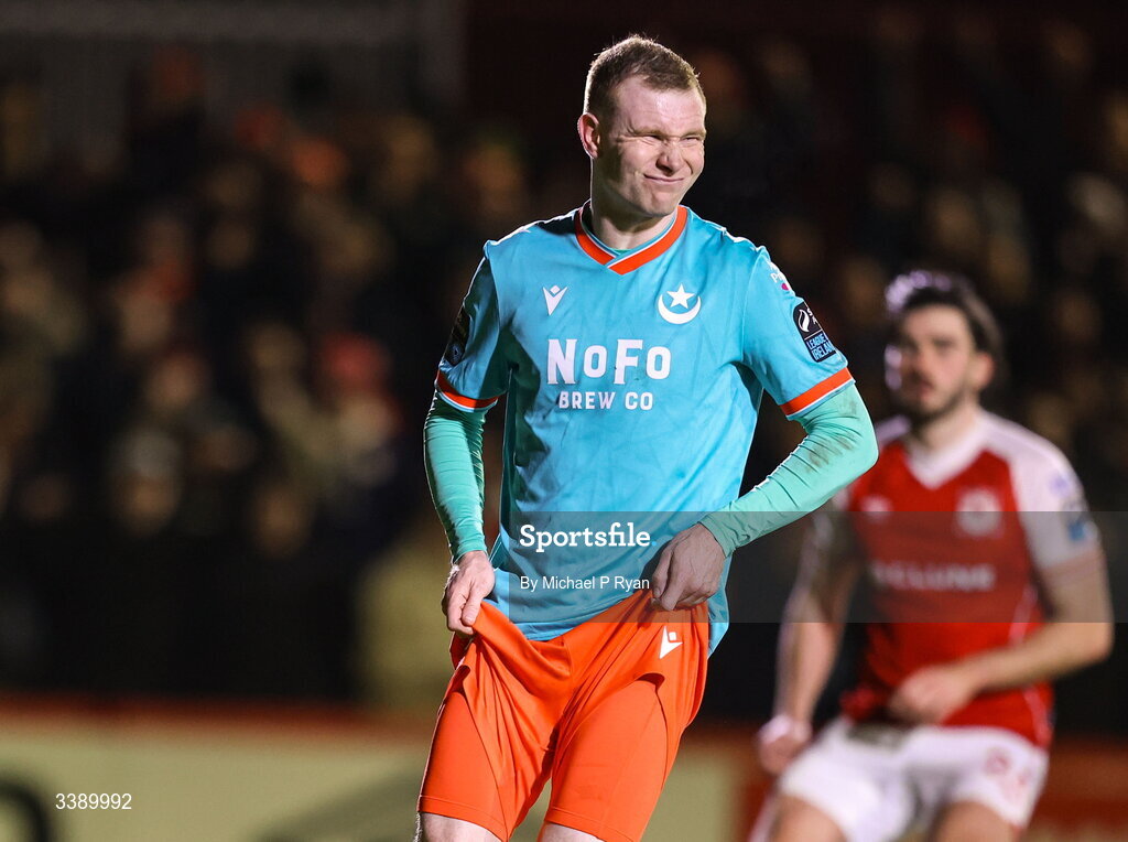 13 March 2026; Mark Doyle of Drogheda United reacts after missing a penalty during the SSE Airtricity Men's Premier Division match between St Patrick's Athletic and Drogheda United at Richmond Park in Dublin. Photo by Michael P Ryan/Sportsfile