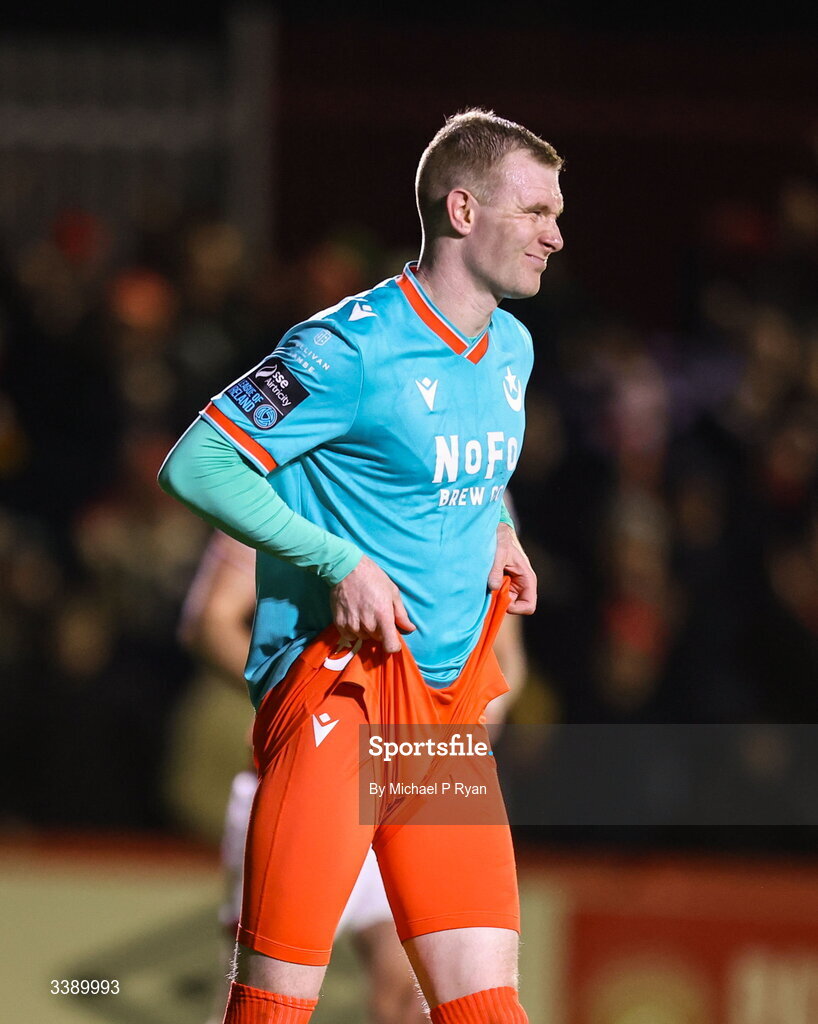 13 March 2026; Mark Doyle of Drogheda United reacts after missing a penalty during the SSE Airtricity Men's Premier Division match between St Patrick's Athletic and Drogheda United at Richmond Park in Dublin. Photo by Michael P Ryan/Sportsfile